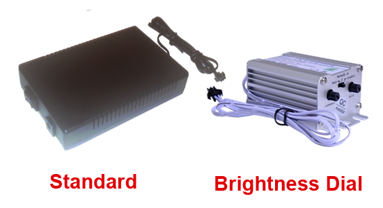 image show the difference between the 50 Metre Excel 12v Driver for 15-50m EL Wire standard and Brighness options 