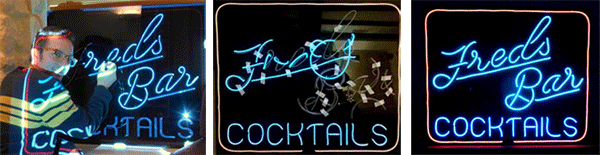 stage by stage images of Flashing Frog designs building a cocktail bars sign with EL Wire