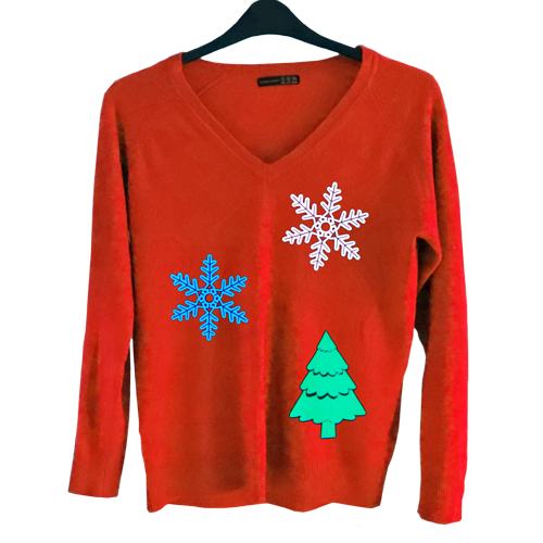 el panels in the shape fo snow flakes and christmas trees on a red jumper with flashing option