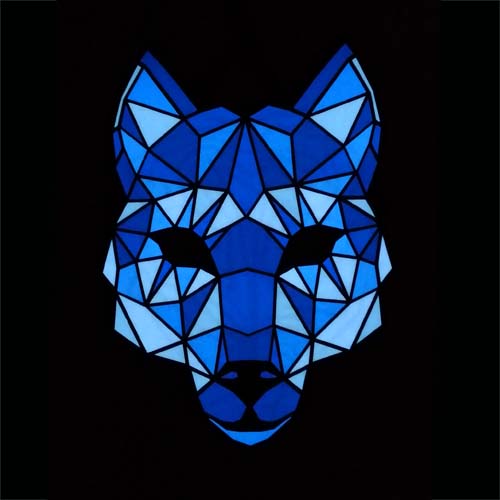 Glowing sound activated el panel mask in the style of an animal, dog, fox or wolf.