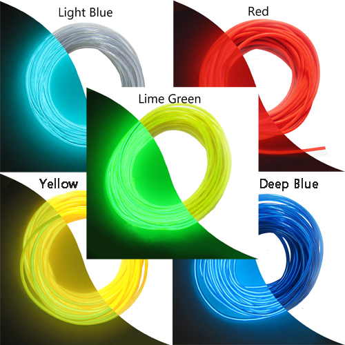 Light painting el wire set (LLBRYB) with lime green, light blue, red, yellow and deep blue